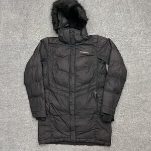 Columbia Jacket Womens XS Black Long Hooded Puffer Parka Faux Fur Trim Warm
